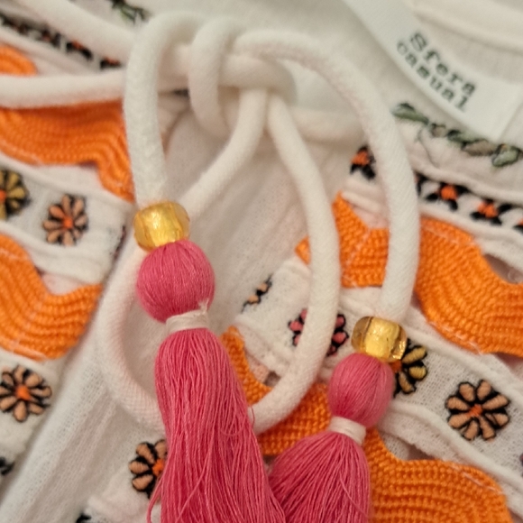 Sfera Embroidered Mexican Top - White with Orange Accents - Picture 4 of 5
